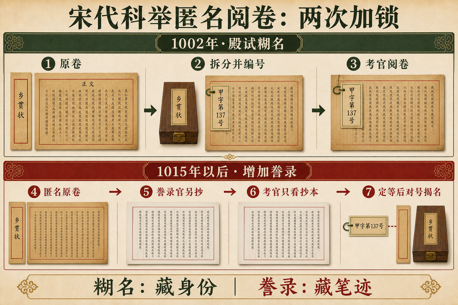 宋代科举匿名阅卷图解:1002年殿试糊名隔离卷首乡贯状并给答卷编号,1015年以后增加誊录,考官只看抄本,定等后再对号揭名